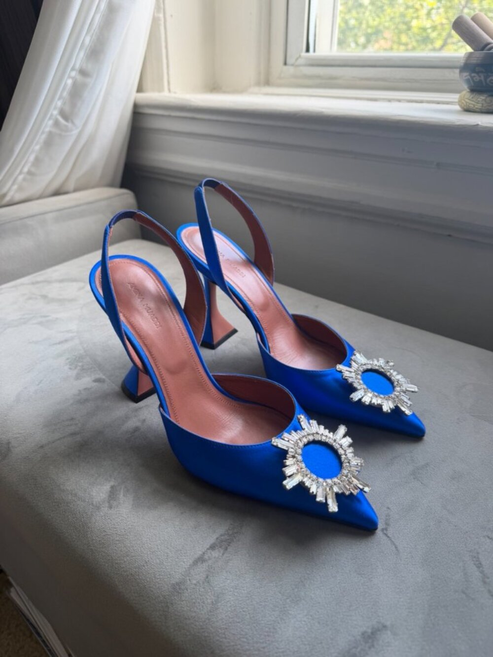 Amina Muaddi Royal Blue Satin Embellished Begum Slingback
